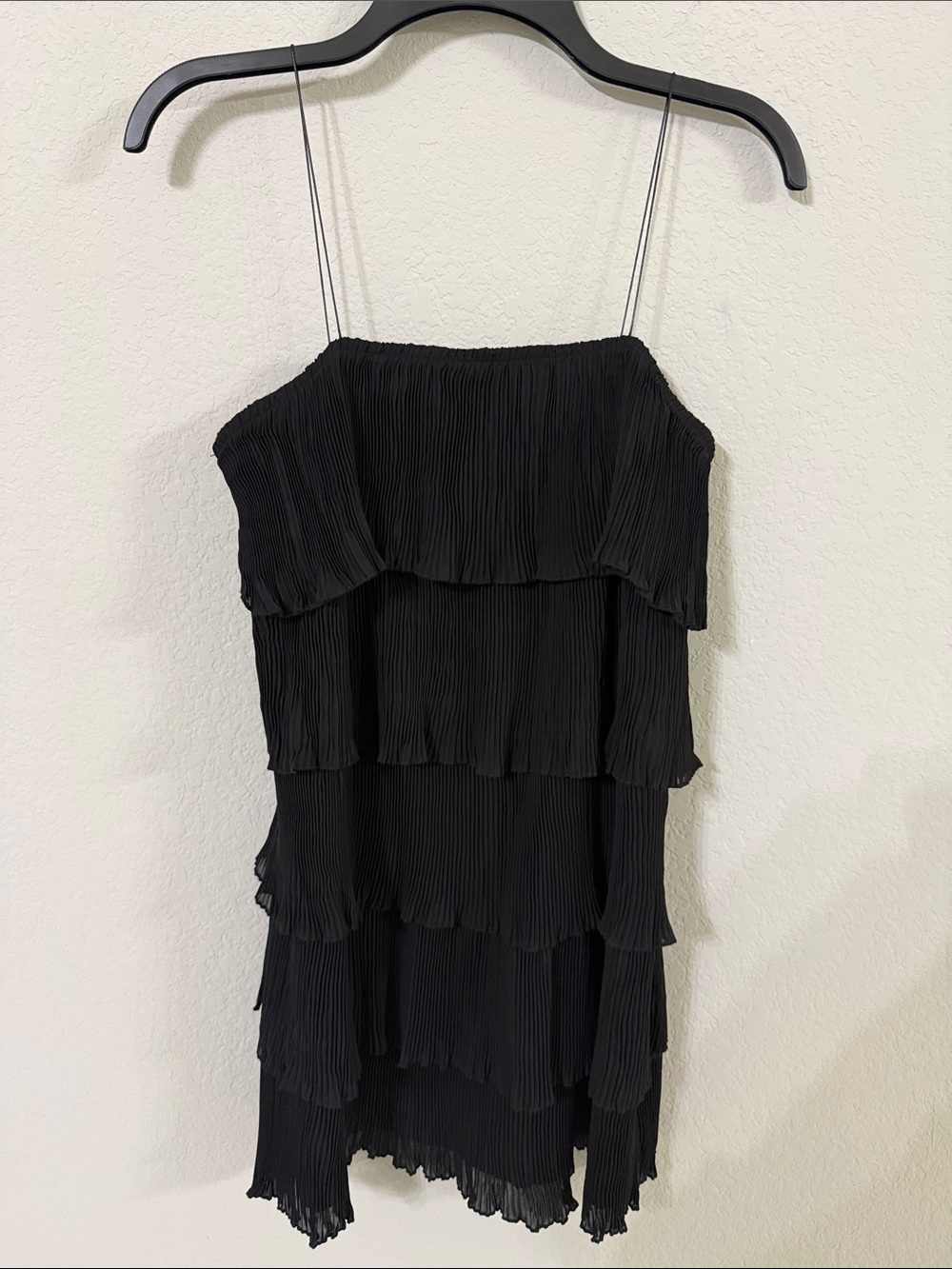 SHEIN Black Tiered Pleated Mini Dress with Spaghetti Straps